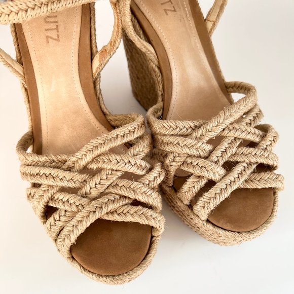 Schutz Leather Espadrille Woven Raffia Jute Strappy Platform Heels Wedge Sandals - Picture 3 of 9
